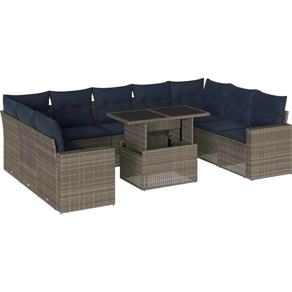 vidaXL 10-delige tuinbankset met kussens, grijs polyrotan, foto 3