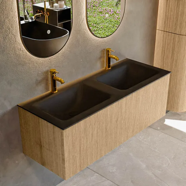 Mondiaz KURVE 120 cm Onderkast Greeploos 1 Lade Zonder Deuren Oak, Wastafel Solid Surface Dubbel Urban 2 Kraangaten Zonder Spiegel (KRVCLO1201L0D2KD-Oak/Urb)