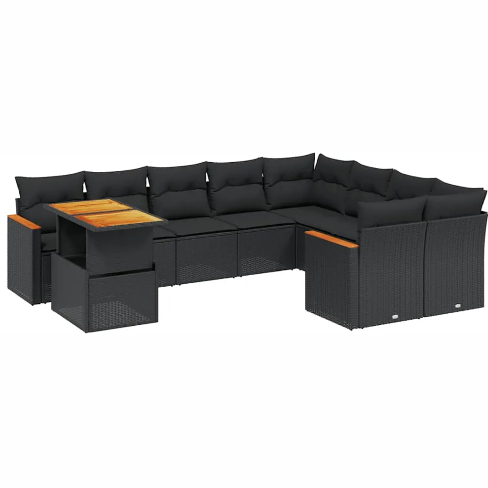vidaXL 10-delige Loungeset met kussens poly rattan zwart, foto 3