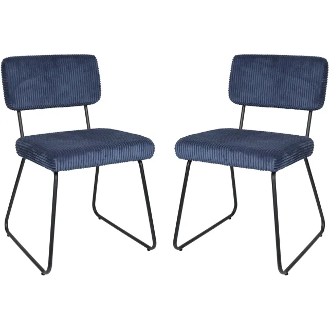 Merax Melvin Eetkamerstoel Donkerblauw Set van 2 – Gestreepte Stoffen Bekleding – Modern Ontwerp – Zwart Metalen Frame