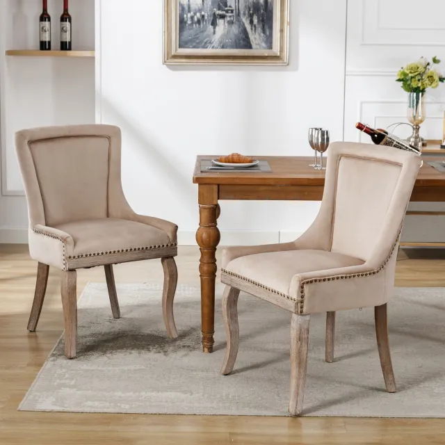 Maisentiel Set van 2 beige eetkamerstoelen met velvet bekleding en houten onderstel