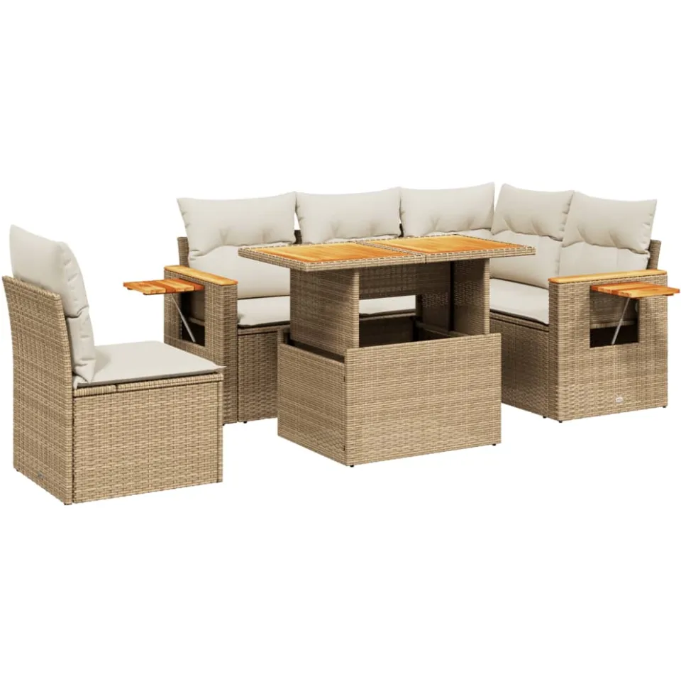 vidaXL 6-delige Loungeset met kussens poly rattan beige, foto 3