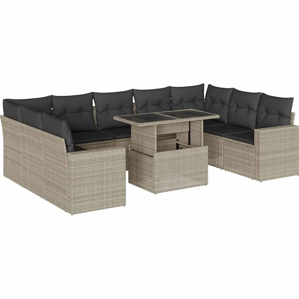vidaXL 10-delige Loungeset met kussens poly rattan lichtgrijs grijs, foto 3