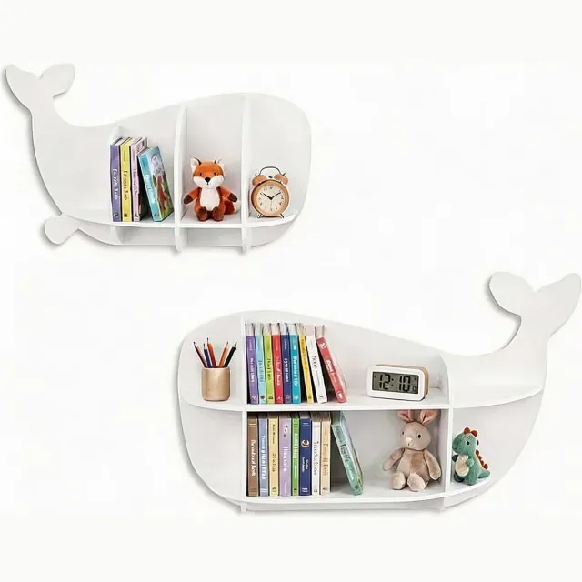 KOMFOTTEU Set van 2 wandplanken – Houten zwevende boekenplank – Speels ontwerp in de vorm van een walvis Wit