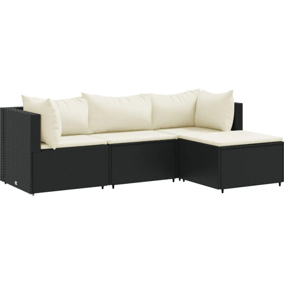 vidaXL 4-delige Loungeset met kussens poly rattan zwart