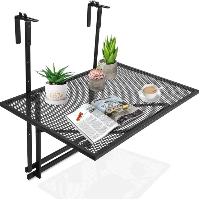 KOMFOTTEU Balkontafel in hoogte verstelbaar - inklapbaar diensttafel - balkontafel - tuintafel - 60,5 cm x 48 cm - hangtafel van ijzer voor buiten en binnen Zwart