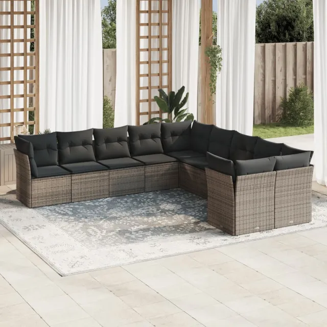 vidaXL 10-delige Loungeset met kussens poly rattan grijs