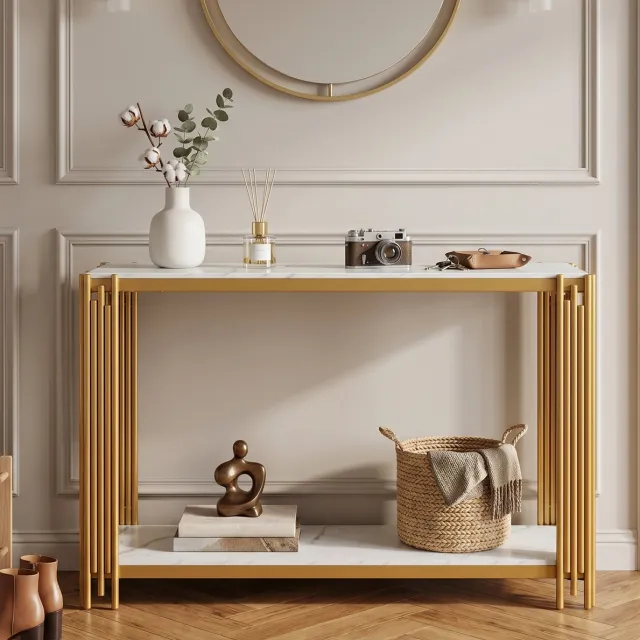 OKWISH Sidetable - 2 Ablagen - Marmorlook - Modern Voor Hal Woonkamer En Slaapkamer - Gold Wit - 123,5 x 33,5 x 80 cm Goud+Wit