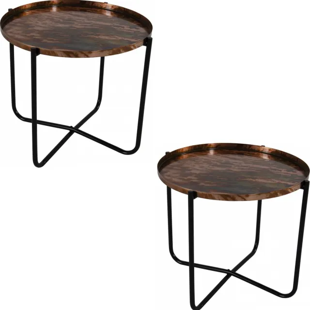 Lesliliving 2x stuks ronde bijzettafels/plantenstandaarden koper/zwart 35 cm - plantenhouder/plantentafel/oppottafel