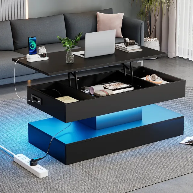 Maisentiel Salontafel 100 x 50 x 42 cm met LED, opklapbaar blad en opbergruimte, zwart