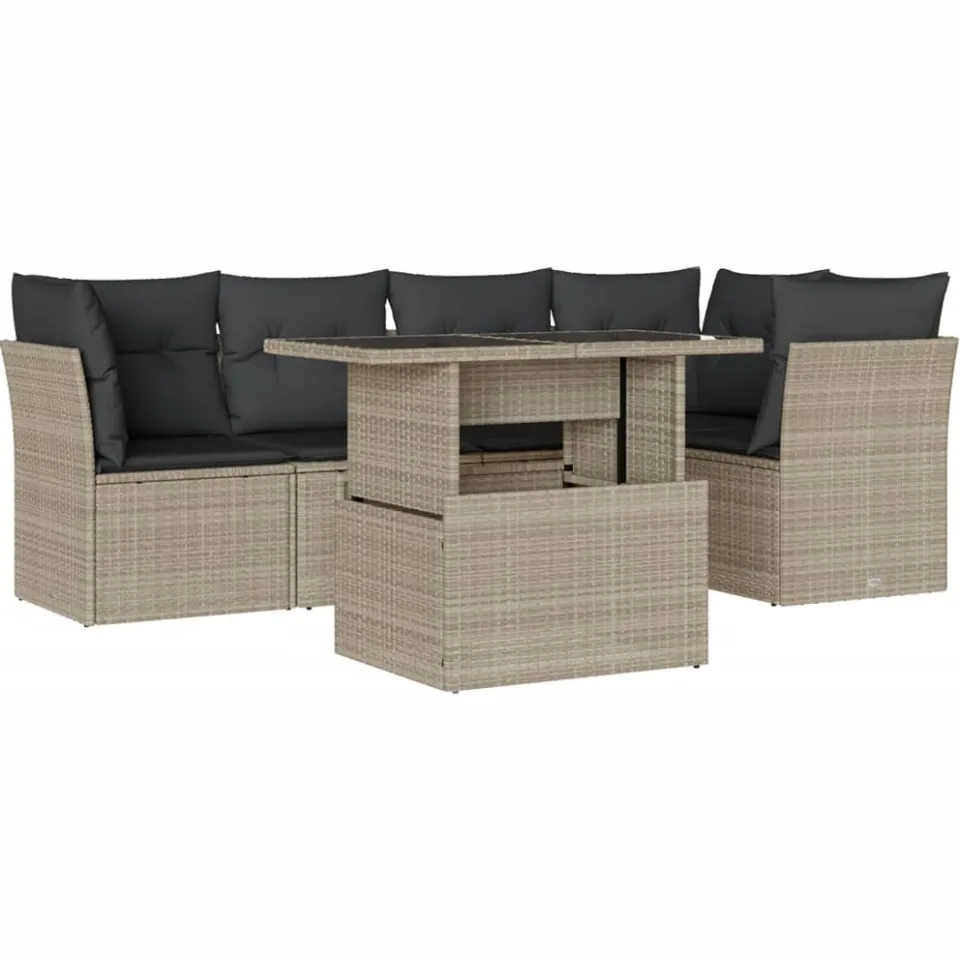 vidaXL 6-delige Loungeset met kussens poly rattan lichtgrijs grijs, foto 3