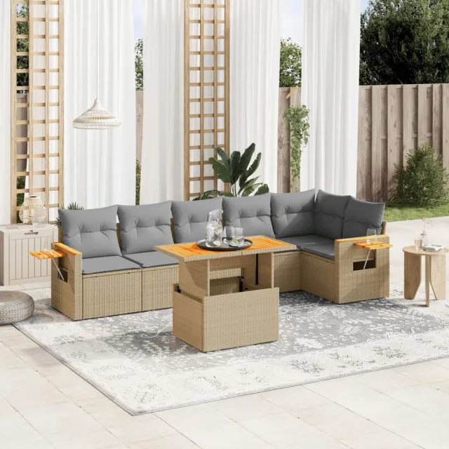 vidaXL 7-delige Loungeset met kussens poly rattan beige, foto 2