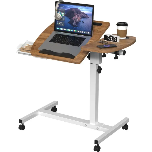 Arvioo Verrijdbare laptoptafel - kantelbaar - met lade-bekerhouder-wielen - walnoot 60x40cm walnoot houtkleur
