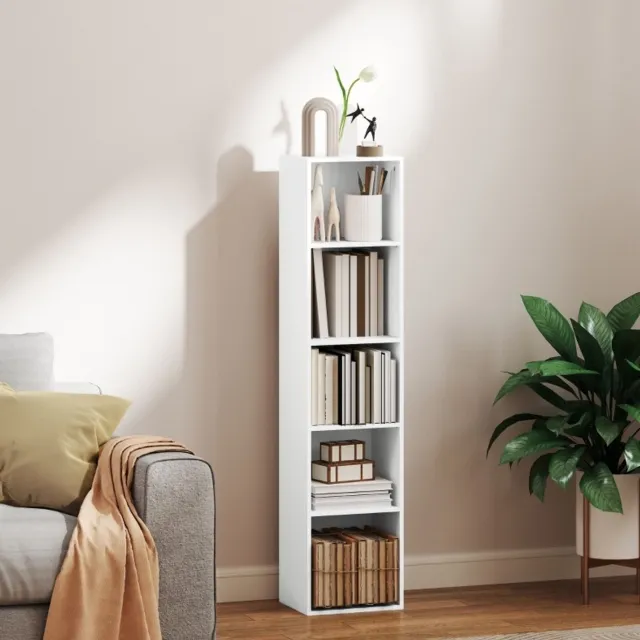 REDOM Boekenkast - 5 open vakken - 3 verstelbare planken - Opbergkast - Open kast - Woonkamer en studeerkamer - Spaanplaat en melamine - Wit - 30 x 24 x 133,5 cm