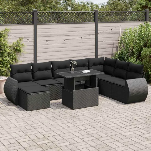 vidaXL 9-delige Loungeset met kussens poly rattan zwart, foto 2