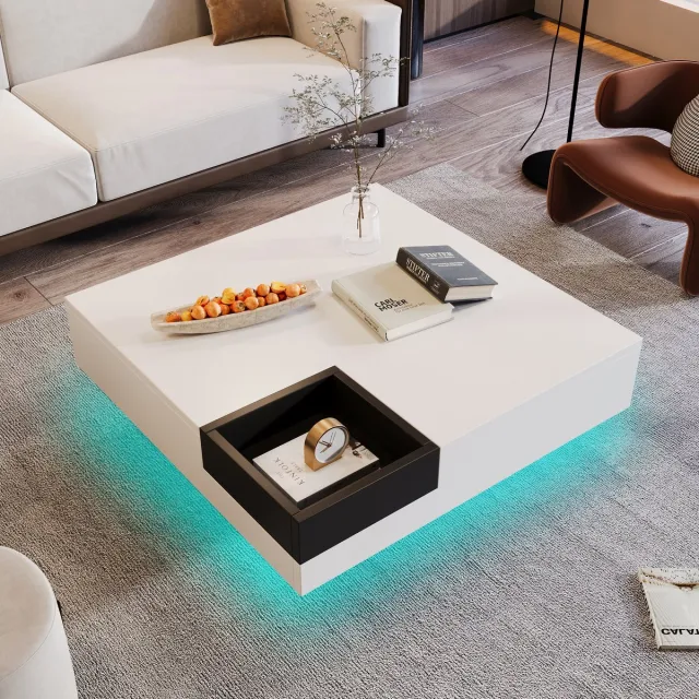 Gutent Salontafel, Wit en Zwart, Hoogglanzend Afgewerkt, met Verwijderbare Opbergbox, 72*72*30 cm, met LED-verlichtingseffect