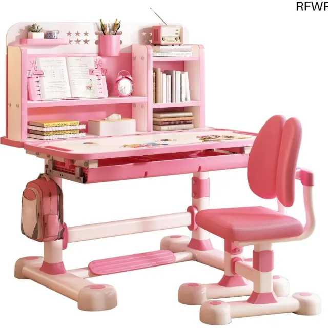 RFWR Verstelbaar Kinderbureau met Ergonomische Stoel en Opbergruimte - Roze