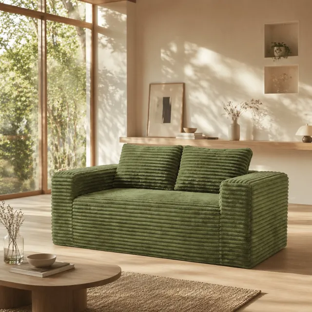 MEUNIQ 2-zits bank in groen corduroy, 160 x 88 x 58 cm, zonder montage, met hoge dichtheid schuim en compact bank-in-een-doos ontwerp voor woonkamer, slaapkamer of kantoor Green