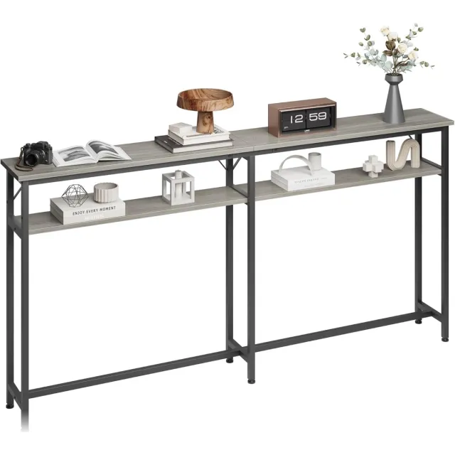 Danky Extra Lange Sidetable - 180 cm - Smalle Consoletafel voor Achter de Bank - Wandtafel met 2 Niveaus - Industrieel Design - Voor Woonkamer of Hal - Grijs