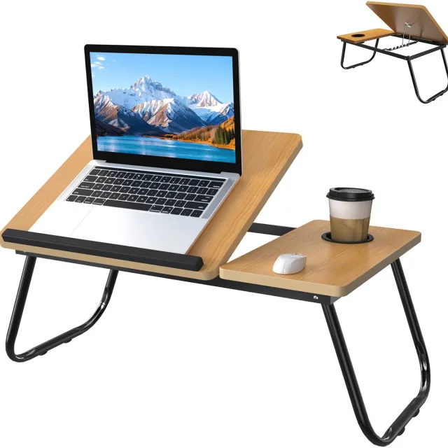 LZQ 64x33x28cm laptoptafel in hoogte verstelbaar & opvouwbaar - Lapdesk met bekerhouder, 5-traps hellingsregeling & dubbel oppervlak - Bedtafel, notebooktafel voor bank, studeren, thuiskantoor (walnoot) Walnootbruin