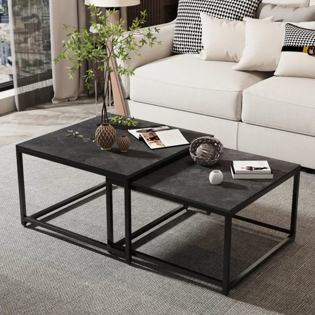 FATIVO Salontafels - Vierkante Bijzettafel - set van 2 - Donkergrijze Marmer Look - zwart metalen frame - 65x40 cm & 60x36cm