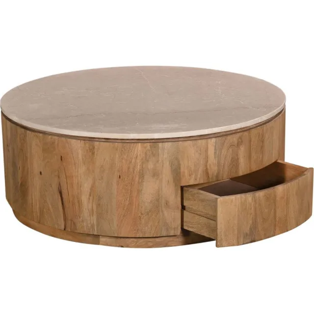 Giga Meubel Salontafel Elan Rond - Travertin - Naturel - 90x90x35cm - Incl. Lades