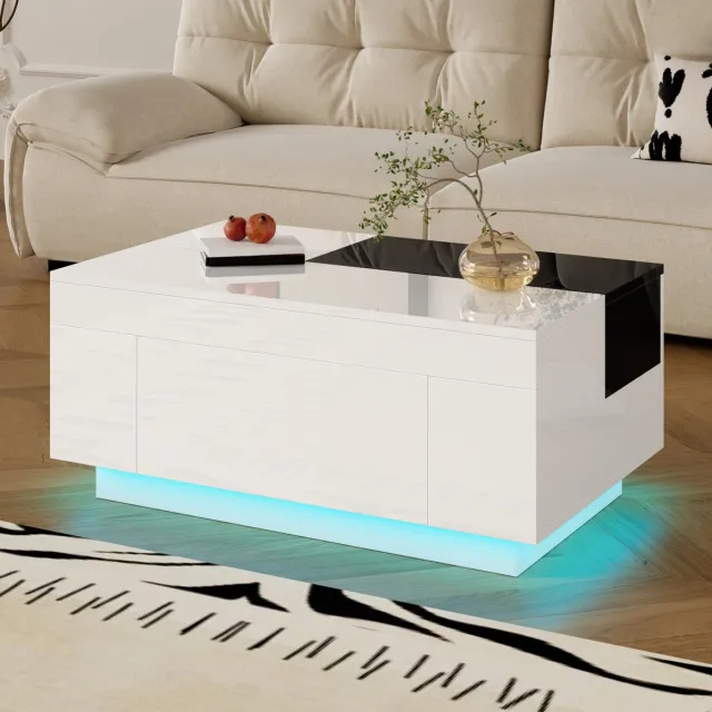 MEUNIQ Salontafel 80 x 50 x 35,5 cm met uitschuifbaar blad, verborgen lade, RGB-ledverlichting en hoogglans afwerking voor woonkamer, zwart-wit