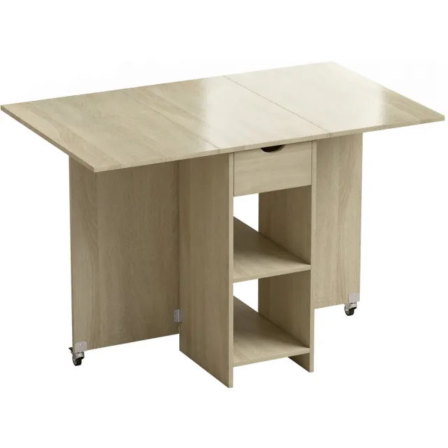 Homona Klapbare eettafel - Voor 2-4 personen - Met lade en 2 open vakken - Met 2 wielen en remmen - 114,5 x 70 x 75 cm - Naturel Bruin