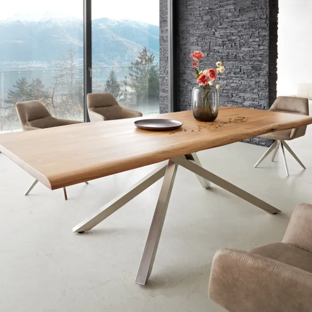 DELIFE Eetkamertafel Edge acacia natuur 240x100 kruisframe rechthoek roestvrij staal Live-Edge Bruin