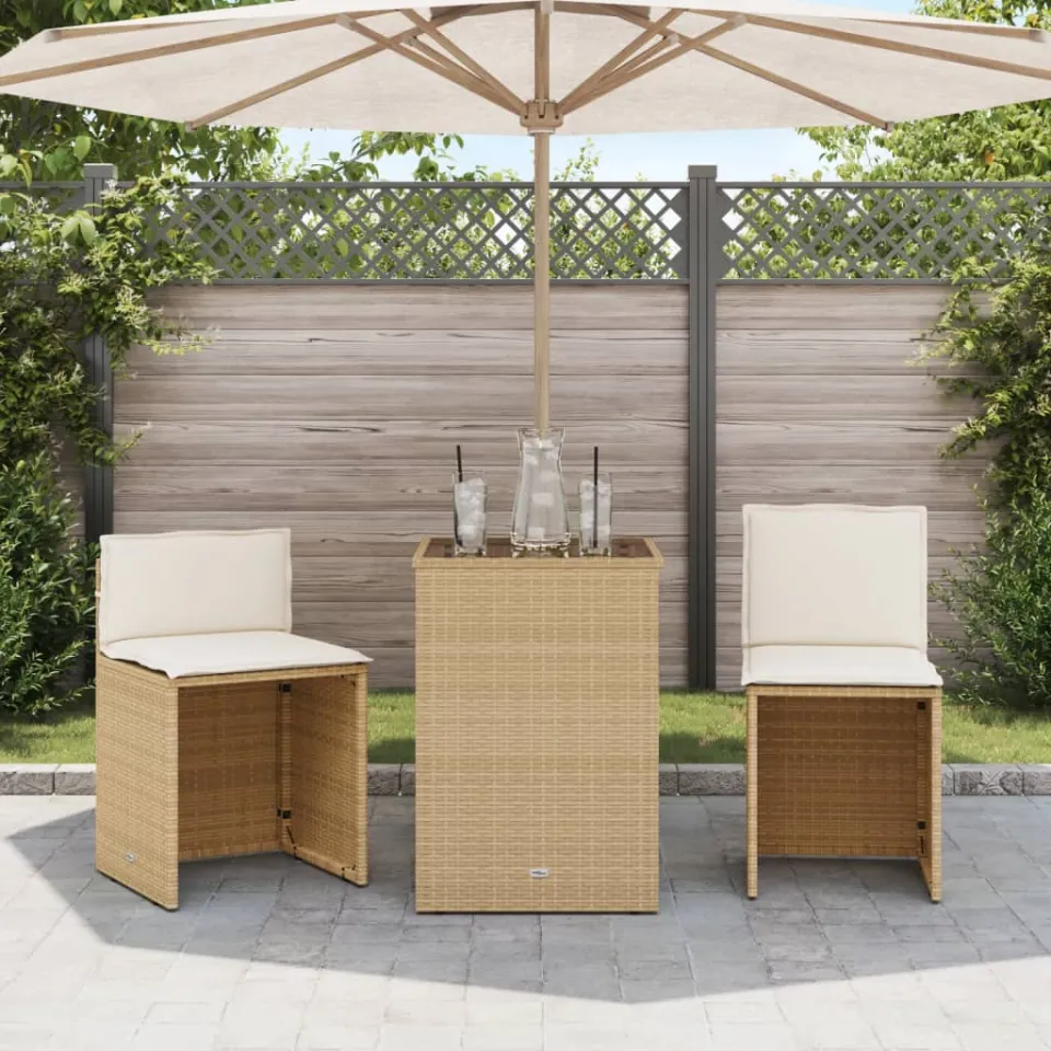 vidaXL 3-delige Bistroset met kussens poly rattan beige, foto 2