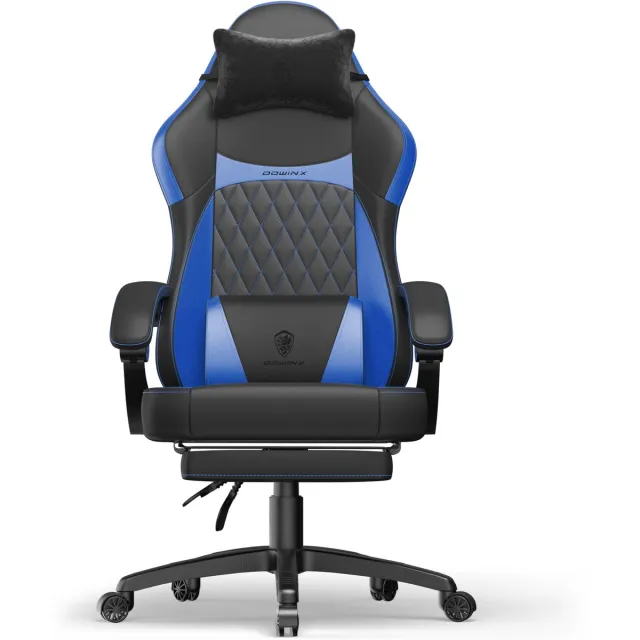 Dowinx Ergonomische Bureaustoel / Gamingstoel – Met Massagefunctie – Met Voetensteun – Voor Thuiswerken En Gamen – Pocketveren Zitkussen – Dubbel gevoerde Rugleuning & Verstelbaar Lendenkussen – Met Armleuningen en Voetensteun-Zwart en blauw Zwart-blauw