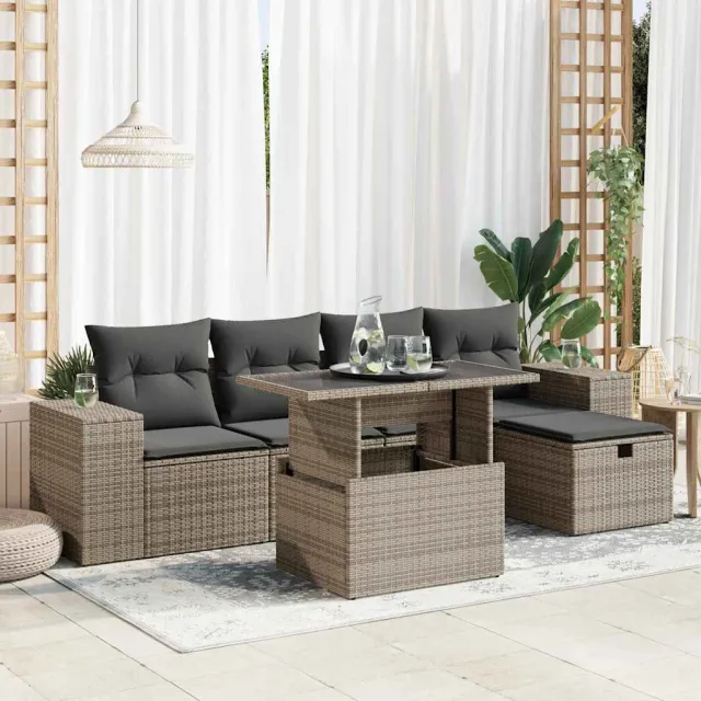 vidaXL 6-delige Loungeset met kussens poly rattan grijs, foto 2