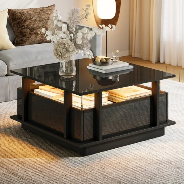 MIVRAY Salontafel - Hoogglans Met 2 Lades En Led - Voor Kleine Woonkamers - Spaanplaat Zwart - 70 x 70 x 35 cm