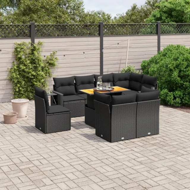 vidaXL 9-delige Loungeset met kussens poly rattan zwart, foto 2