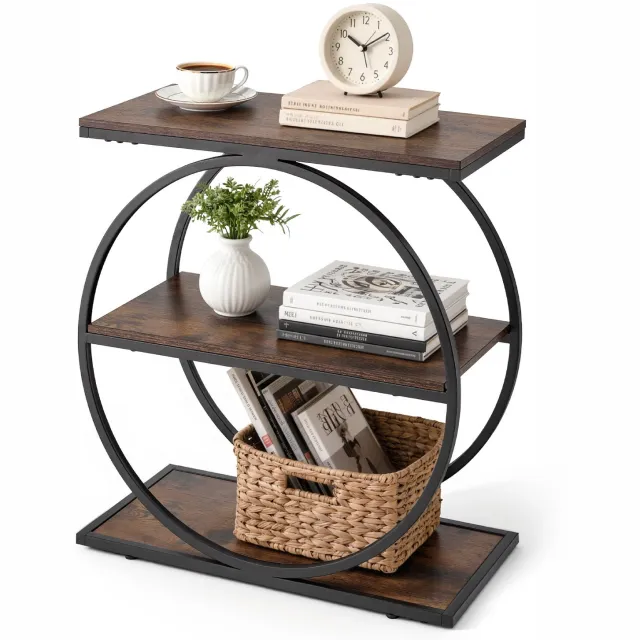 Vevor Bijzettafel, Smalle Bijzettafel met 3 Niveaus en Open Opbergplanken, Modern Nachtkastje met Rond Metalen Frame, Houten Salontafel voor Woonkamer, Slaapkamer of Kantoor, Rustiek Bruin Bruin hout
