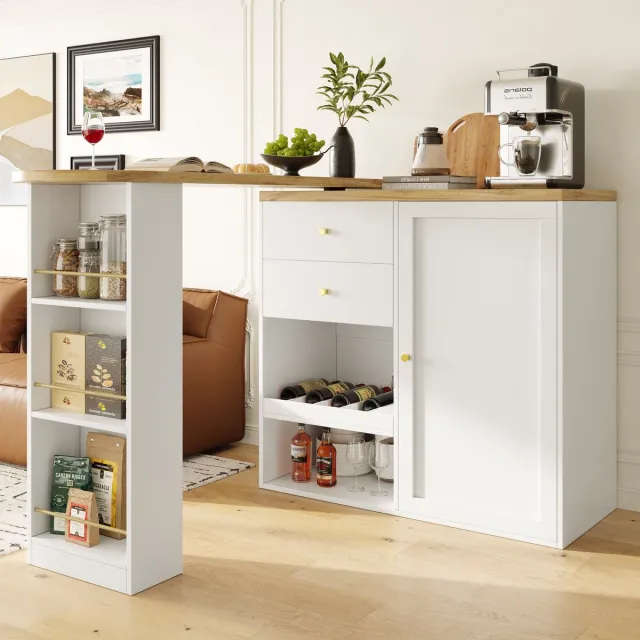 Merax 360° Draaibare Bartafel (105x39x102 cm) - Moderne Kast met 2 Lades, Schuifdeur & 3 Open Planken - Voor Woonkamer, Eetkamer of Kantoor wit