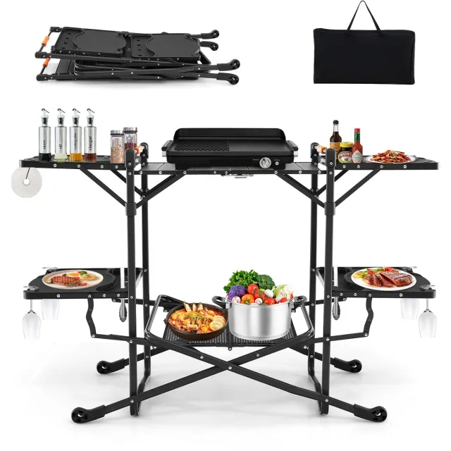 Costway Campingkeuken, inklapbaar, reiskeuken met aluminium tafelblad, 4 zijtafels, opbergruimte en draagtas, campingkeuken, outdoor kookstation voor picknick, barbecue, camping en reizen Zwart