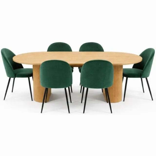 House Nordic Kyoto eethoek eettafel 100x210cm natuur, 6 stoelen velours groen. Naturel