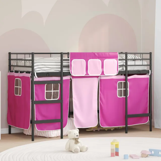 vidaXL Bunkbed voor kinderen met gordijnen Zwart en Roze 90 x 190 cm