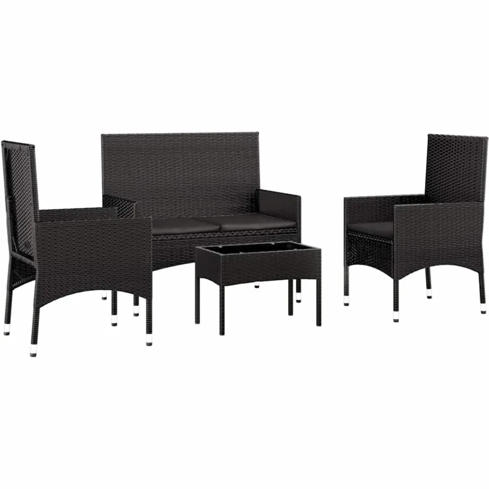 vidaXL 4-delige Loungeset met kussens poly rattan zwart