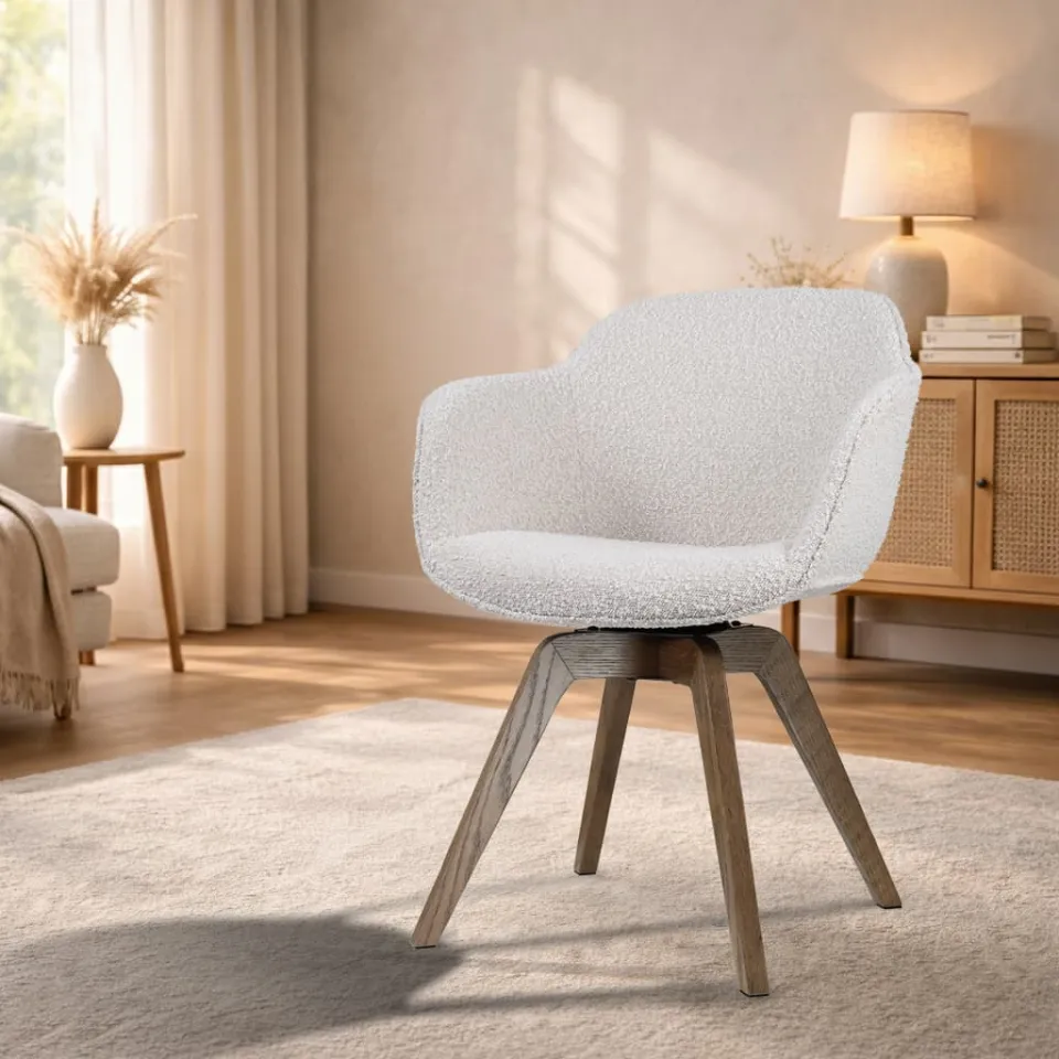 Nolon Noor-Mare draaibare eetkamerstoel bouclé beige - walnoot houten onderstel, foto 2