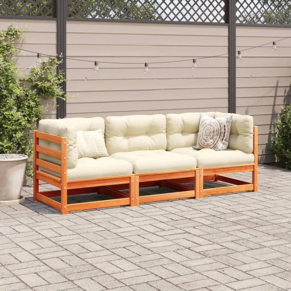 vidaXL 3-delige Loungeset met kussens massief grenenhout wasbruin bruin, foto 2