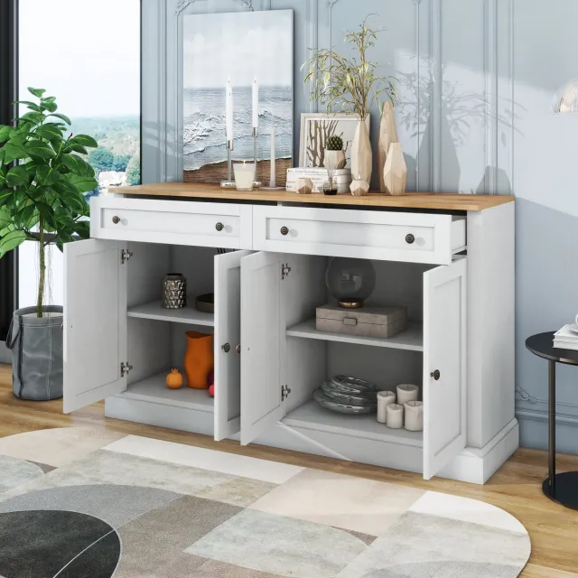 OKWISH Dressoir Sideboard Met 4 Deuren En 2 Lades Voor Woonkamer En Eetkamer In Spaanplaat Wit Met Naturel Houtlook 150x40x86 Cm