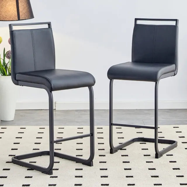 FloraGrace Barkruk – Set Van 2 – Met Voetensteun & Stabiel Metalen Frame – Keuken En Bar – PU Leer – Zwart