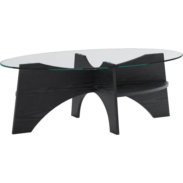 SONNENH Ovale glazen salontafel met waaiervormig MDF onderstel - Zwart - 104,9 x 60 x 35,6 cm Zwart en transparant