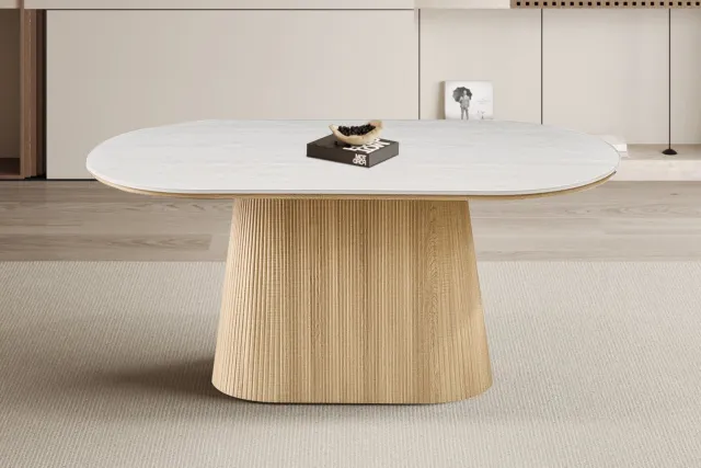 Rousseau Vigo Ovale Eettafel – 180 x 90 cm – Mat Grijs Stenen Blad met Travertinlook – Naturel Eikenlook – Geribbelde Middenpoot wit - bruin