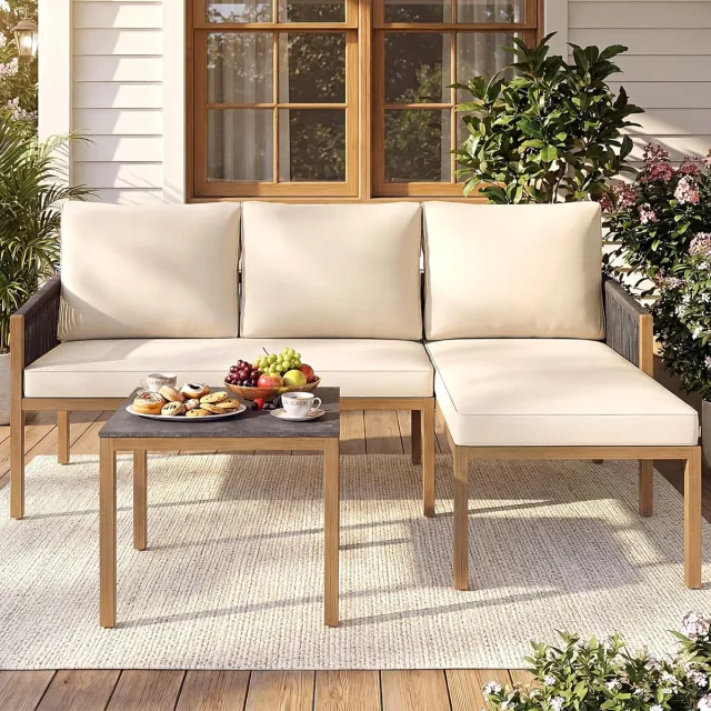 Laura Tuin Loungeset 171x118x64 cm – 4-delige Balkonset L-vorm met Touw Design, Marmerlook Tafel, Comfort Kussens & Metalen Frame – Beige – Laura