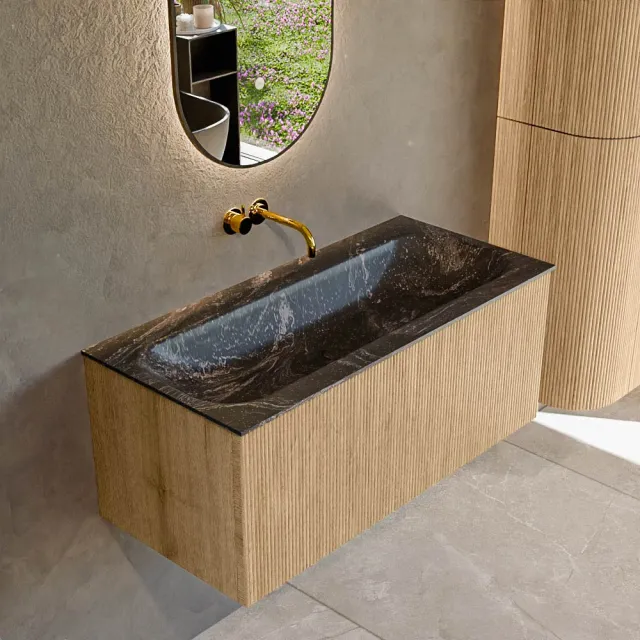 Mondiaz KURVE-DLUX 100 cm Onderkast Greeploos 1 Lade Zonder Deuren Oak, Wastafel Solid Surface Volledig Lava 0 Kraangaten Zonder Spiegel (KRVBGM1001L0D0KM-Oak/Lav)
