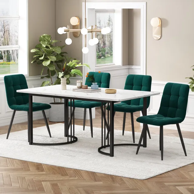intebiki eetkamerset set van 5 - 140x80cm eettafel met 4 stoelen - Wit MDF - zwarte metalen poten - 44x41x86cm Donkergroene fluwelen eetkamerstoel