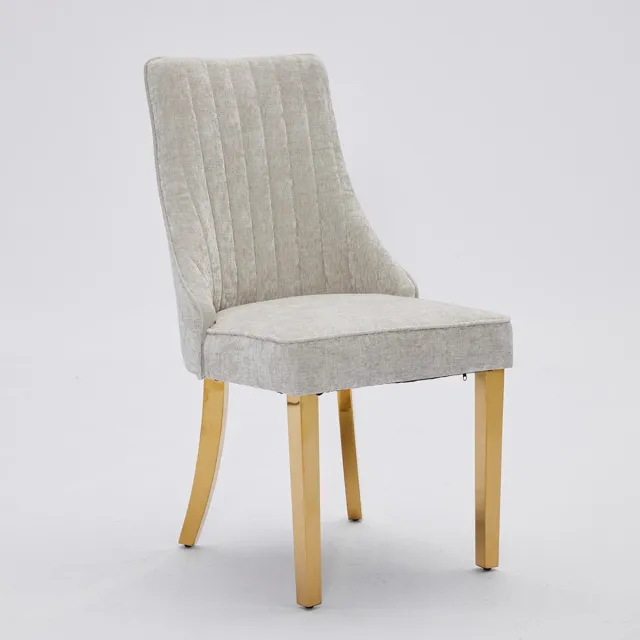Pugsdrly Eetkamerstoelen van rayon met chenille-flock Channel-keukenstoel Comfortabele bijzetstoel van gestoffeerde stof voor de eetkamer met poten van verguld roestvrij staal, set van 2 (beige), DE1647BG